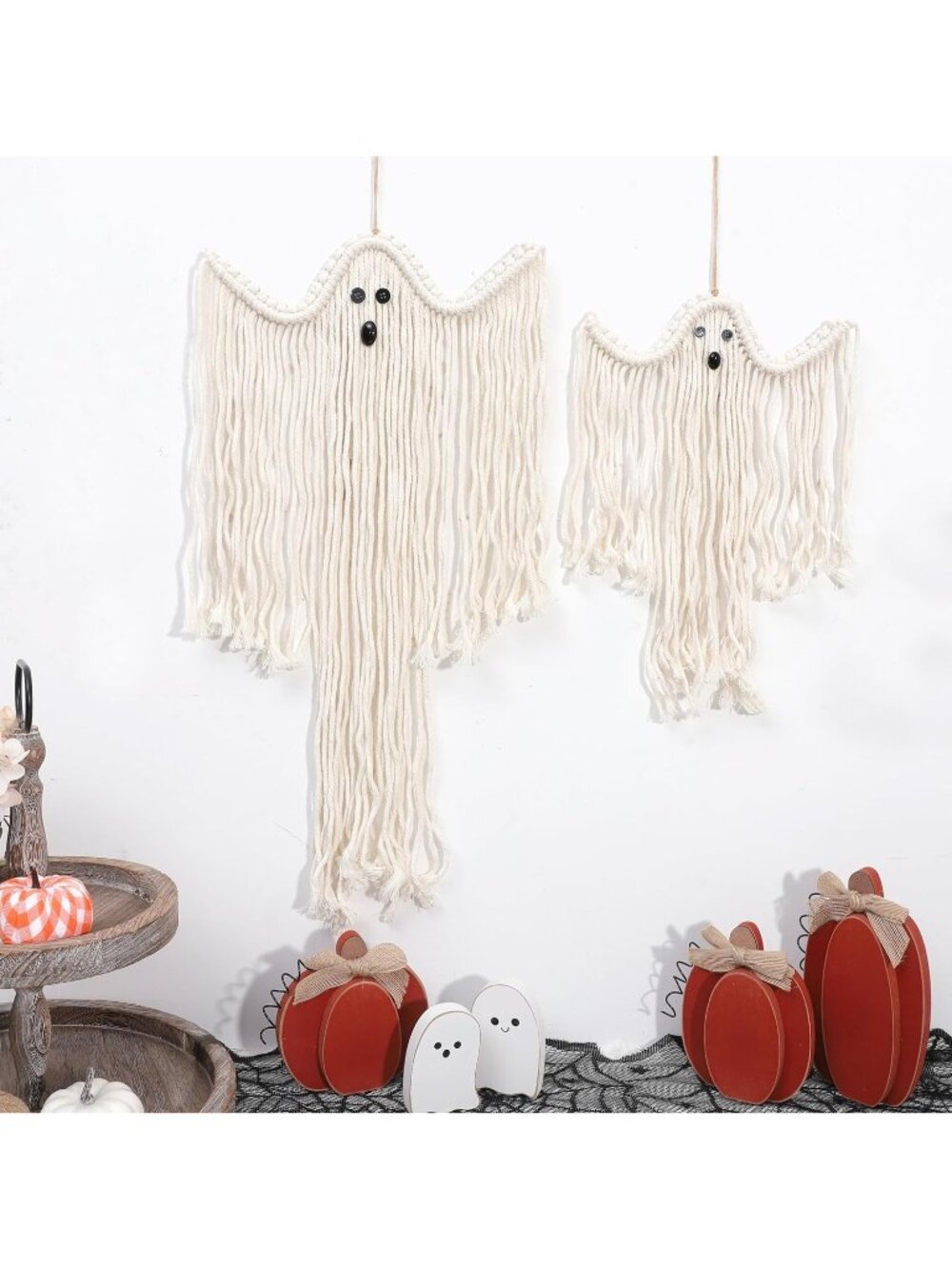 Set of 2 Halloween Macrame Ghost Wall Hanging Boho Handmade Spooky Season Decor